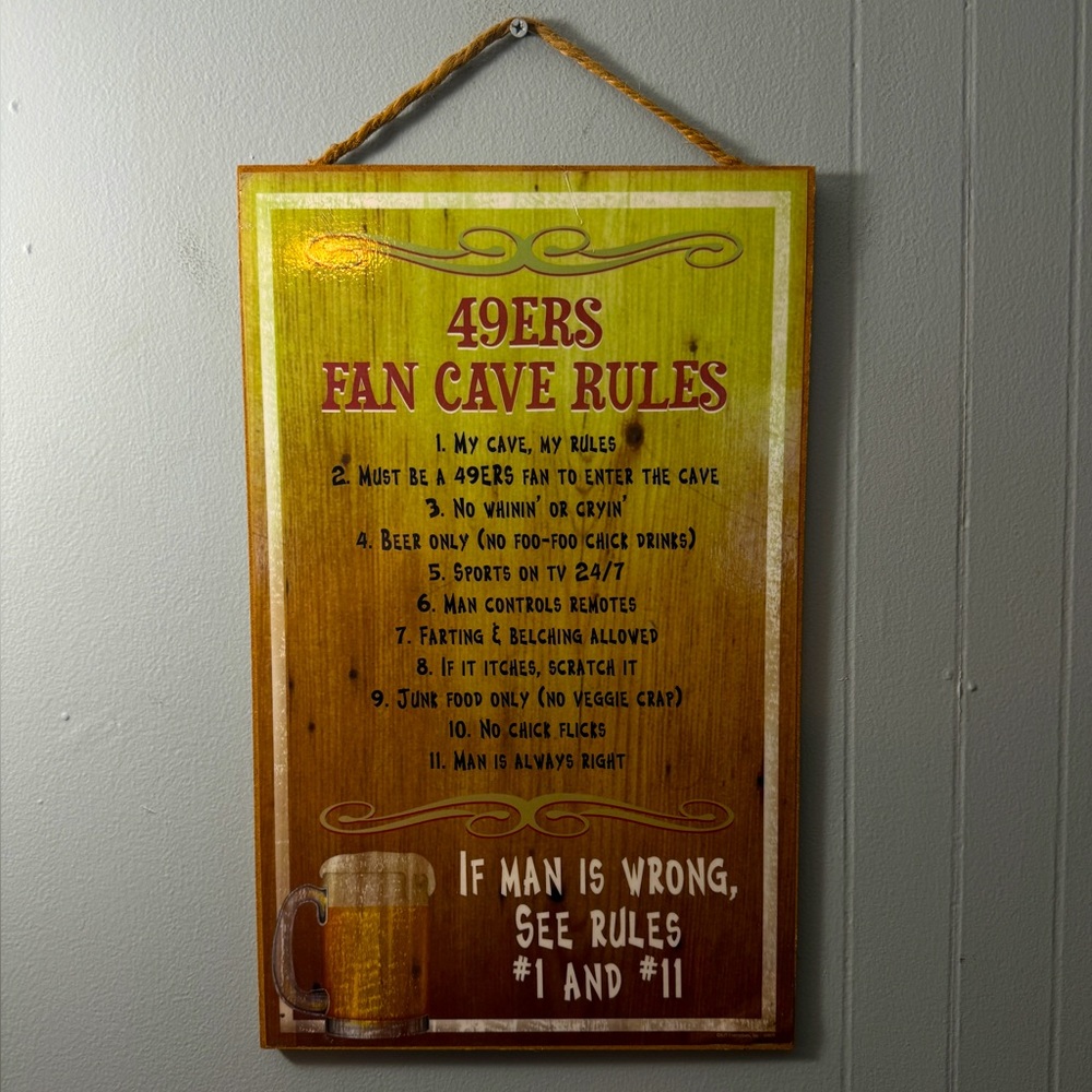 Love & Laughter 49’ers Fan Cave Rules Wooden Sign, Size 10”X16”
